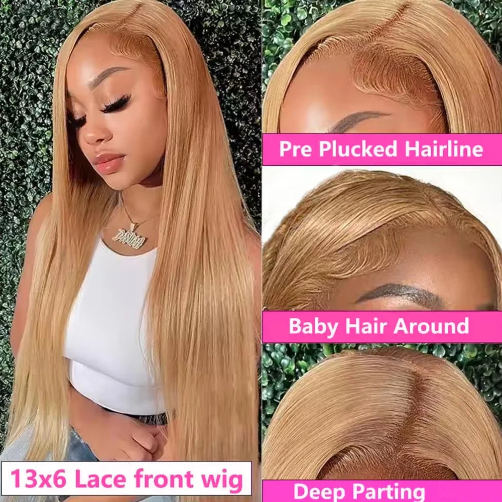 36 Inch Honey Blonde Human Hair Wig Straight 13x6 HD Lace Front Wig 180% Density 13x4 Lace Wigs Brazilian Human Hair 27# Color