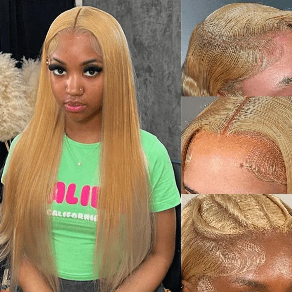 36 Inch Honey Blonde Human Hair Wig Straight 13x6 HD Lace Front Wig 180% Density 13x4 Lace Wigs Brazilian Human Hair 27# Color