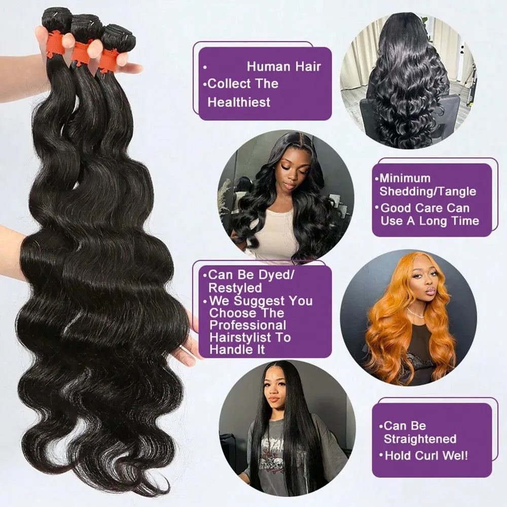15A Human Hair Bundles 34 36 38 40Inch Body Wave 100% Unprocessed Hair 4 Bundles Extensions Quick Weave Human Hair Natural Black
