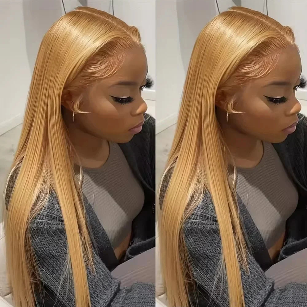 36 Inch Honey Blonde Human Hair Wig Straight 13x6 HD Lace Front Wig 180% Density 13x4 Lace Wigs Brazilian Human Hair 27# Color