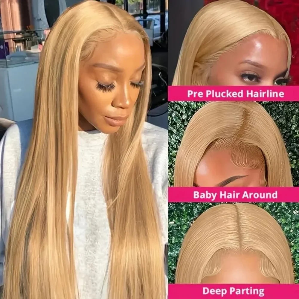 36 Inch Honey Blonde Human Hair Wig Straight 13x6 HD Lace Front Wig 180% Density 13x4 Lace Wigs Brazilian Human Hair 27# Color