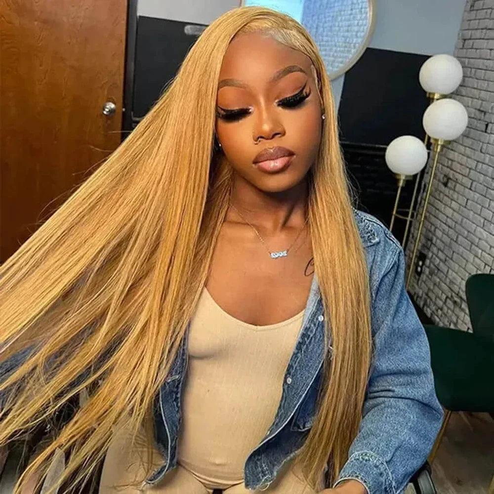 36 Inch Honey Blonde Human Hair Wig Straight 13x6 HD Lace Front Wig 180% Density 13x4 Lace Wigs Brazilian Human Hair 27# Color