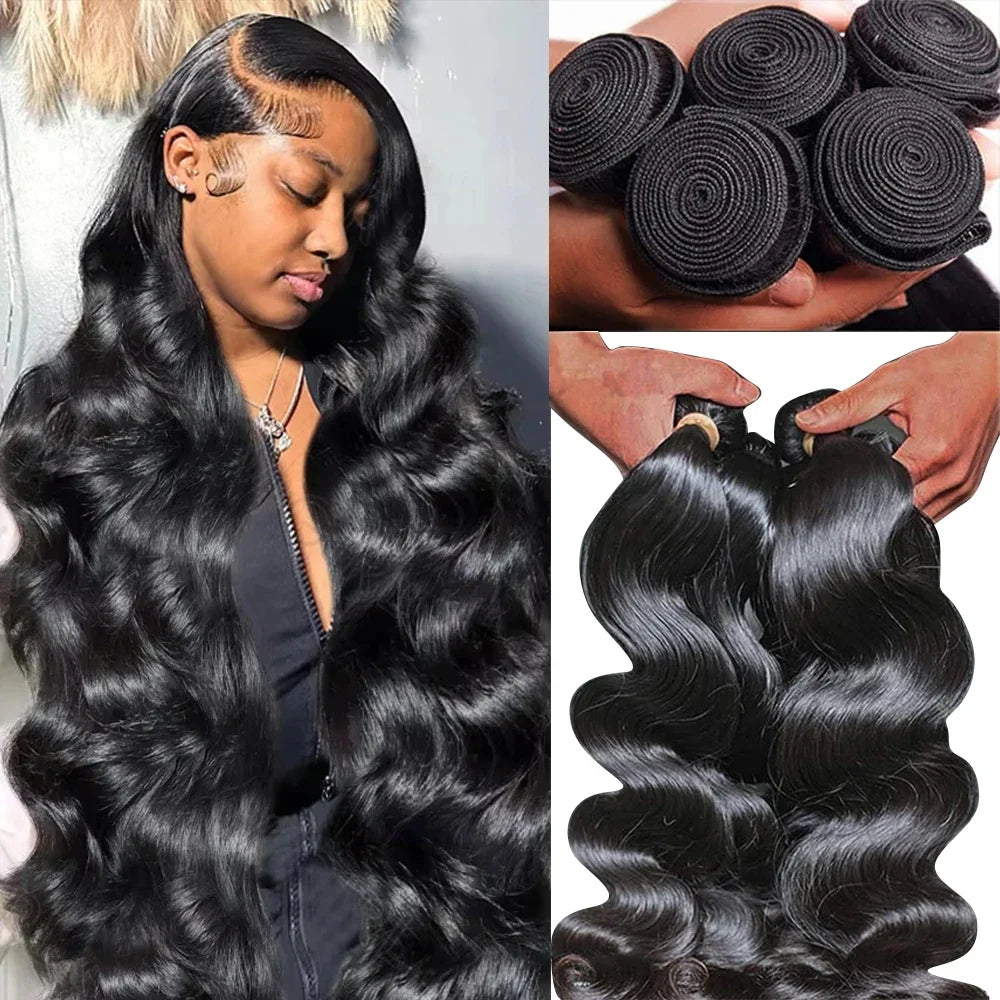 15A Human Hair Bundles 34 36 38 40Inch Body Wave 100% Unprocessed Hair 4 Bundles Extensions Quick Weave Human Hair Natural Black