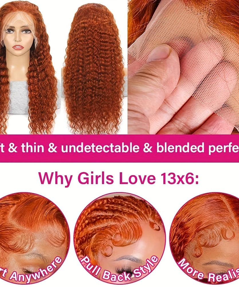 Deep Wave Ginger Orange Lace Front Wig Human Hair 13x6 HD Lace Front with Baby Hair 250% Density Long Curly Wig for Black Women