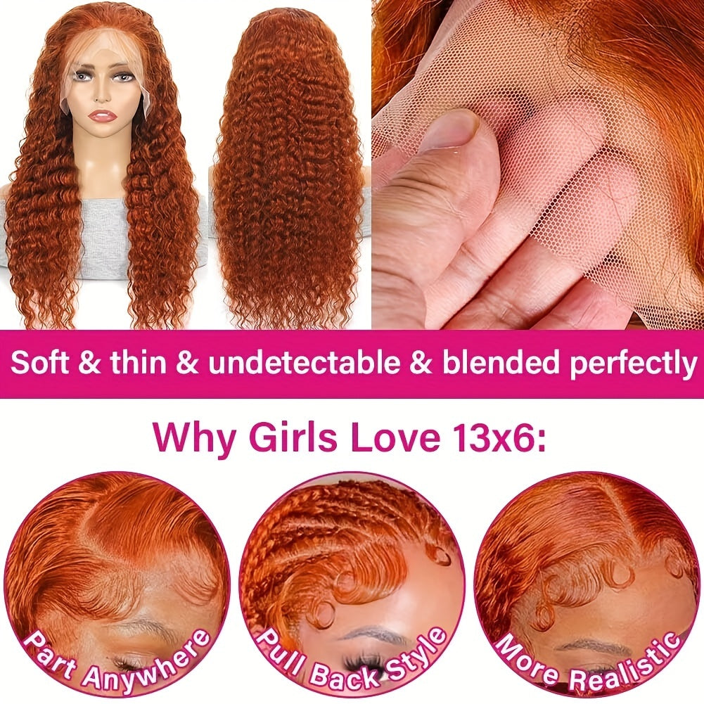 Deep Wave Ginger Orange Lace Front Wig Human Hair 13x6 HD Lace Front with Baby Hair 250% Density Long Curly Wig for Black Women