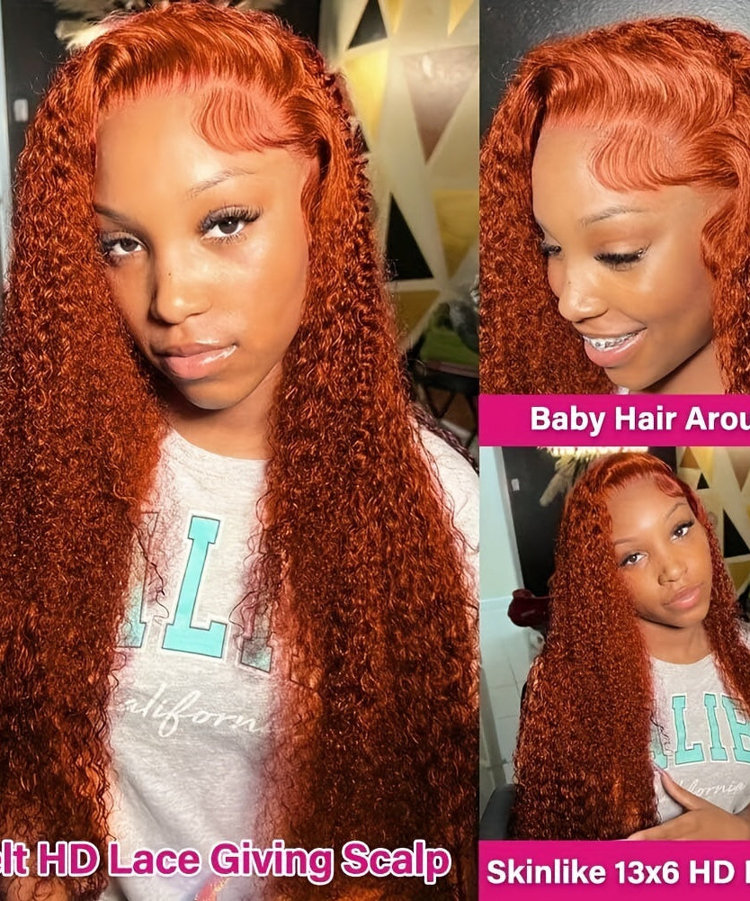 Deep Wave Ginger Orange Lace Front Wig Human Hair 13x6 HD Lace Front with Baby Hair 250% Density Long Curly Wig for Black Women