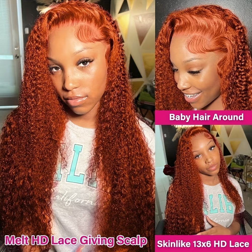 Deep Wave Ginger Orange Lace Front Wig Human Hair 13x6 HD Lace Front with Baby Hair 250% Density Long Curly Wig for Black Women