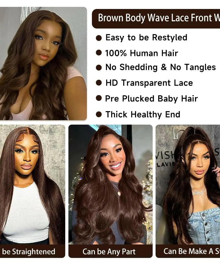 26 Inch Chocolate Brown Lace Front Wig Human Hair 200% Body Wave Human Hair Wigs Pre Plucked 13x4 HD Lace Frontal Wig Brown Wig