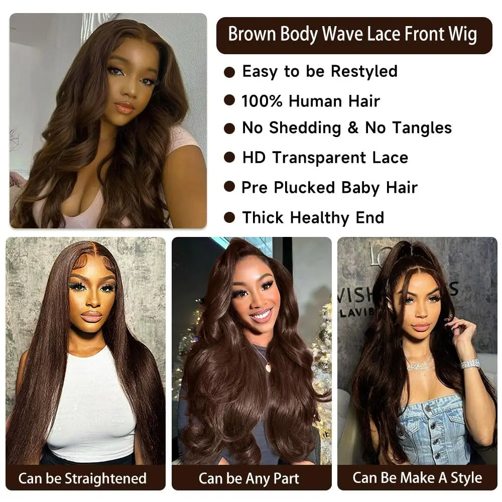 26 Inch Chocolate Brown Lace Front Wig Human Hair 200% Body Wave Human Hair Wigs Pre Plucked 13x4 HD Lace Frontal Wig Brown Wig