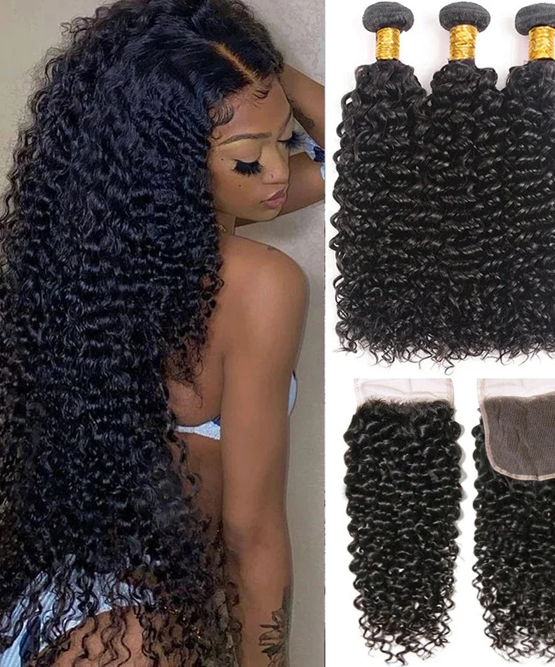 Brazillian Kinky Curly Hair Bundles With Closure Remy Human Hair Weave 3 Bundles with Closure Human Hair Extension capelli umani
