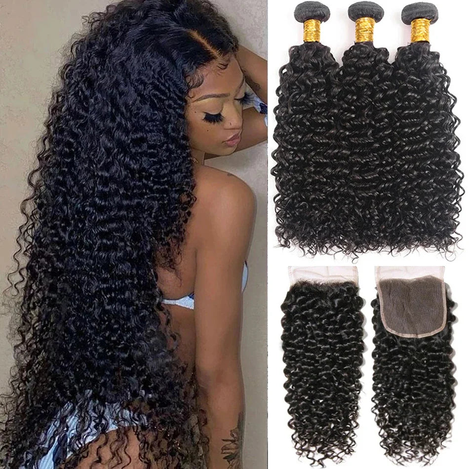 Brazillian Kinky Curly Hair Bundles With Closure Remy Human Hair Weave 3 Bundles with Closure Human Hair Extension capelli umani