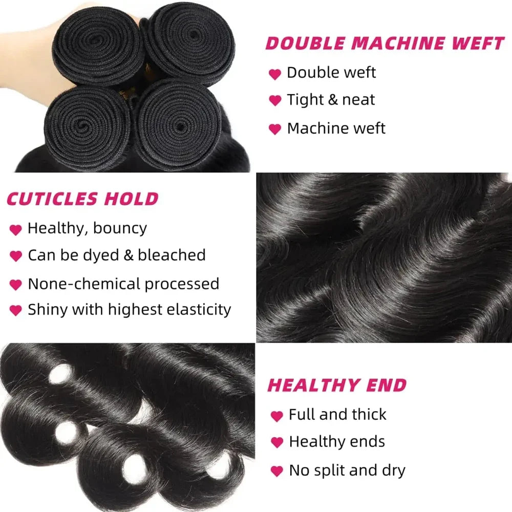 15A Human Hair Bundles 34 36 38 40Inch Body Wave 100% Unprocessed Hair 4 Bundles Extensions Quick Weave Human Hair Natural Black