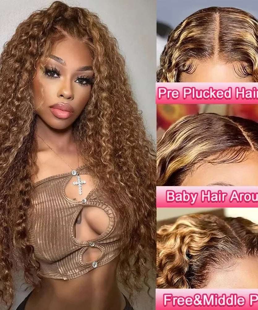 4/ 27 Highlight Honey Brown Curly Transparent HD 13x4 Lace Frontal Real Human Hair Wigs Ombre Color Deep Water Wave Full Wigs