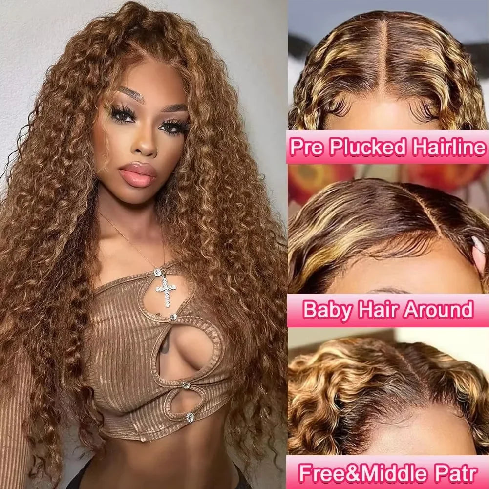 4/ 27 Highlight Honey Brown Curly Transparent HD 13x4 Lace Frontal Real Human Hair Wigs Ombre Color Deep Water Wave Full Wigs