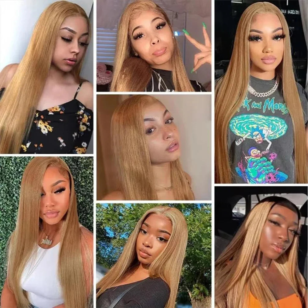 36 Inch Honey Blonde Human Hair Wig Straight 13x6 HD Lace Front Wig 180% Density 13x4 Lace Wigs Brazilian Human Hair 27# Color