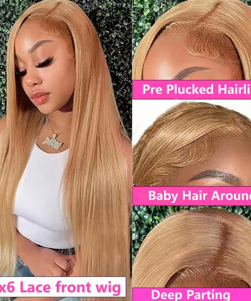 36 Inch Honey Blonde Human Hair Wig Straight 13x6 HD Lace Front Wig 180% Density 13x4 Lace Wigs Brazilian Human Hair 27# Color