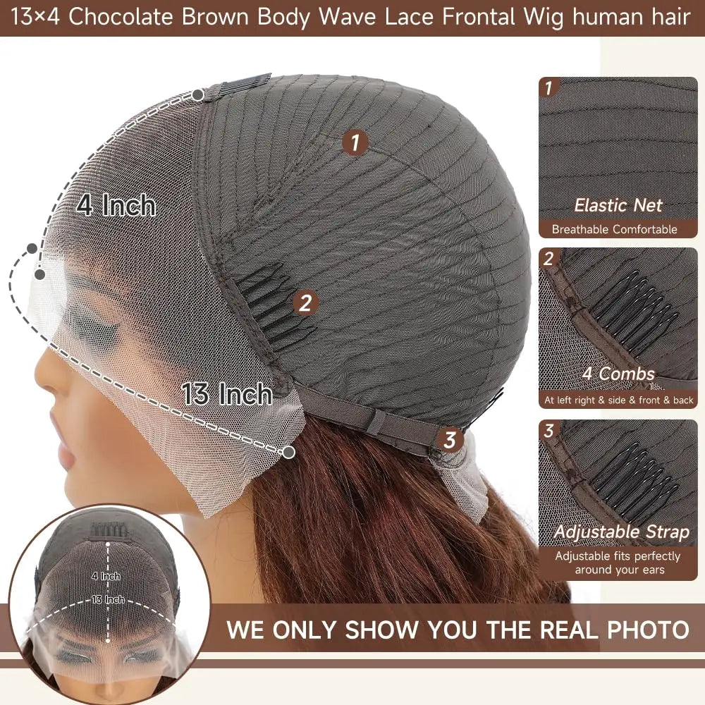 26 Inch Chocolate Brown Lace Front Wig Human Hair 200% Body Wave Human Hair Wigs Pre Plucked 13x4 HD Lace Frontal Wig Brown Wig