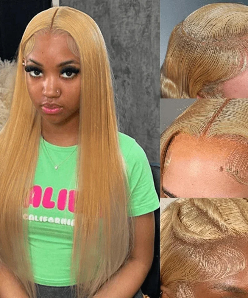 36 Inch Honey Blonde Human Hair Wig Straight 13x6 HD Lace Front Wig 180% Density 13x4 Lace Wigs Brazilian Human Hair 27# Color
