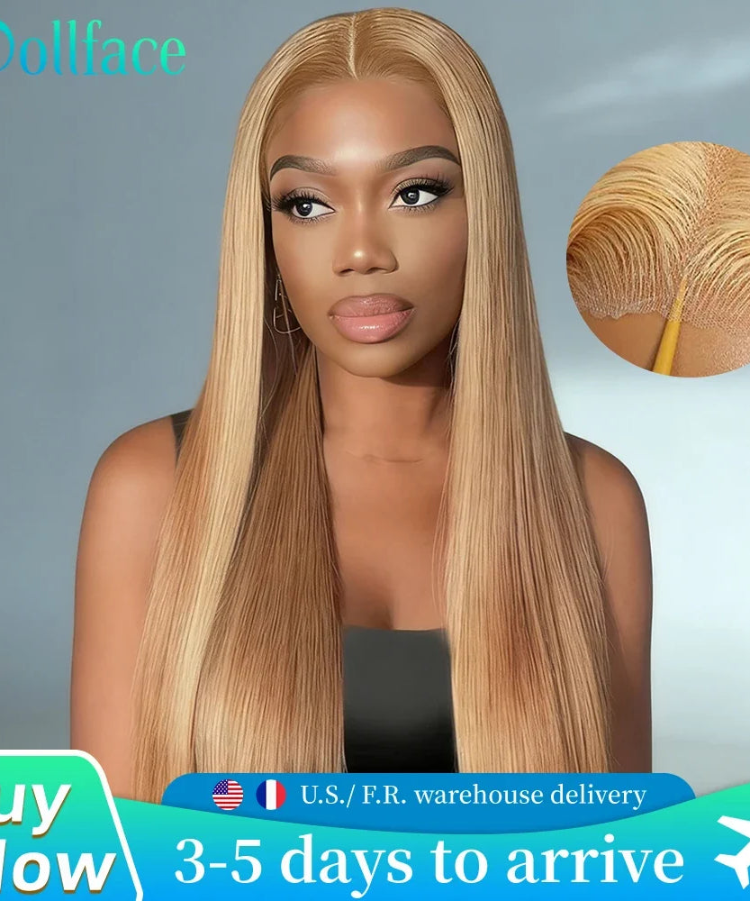 36 Inch Honey Blonde Human Hair Wig Straight 13x6 HD Lace Front Wig 180% Density 13x4 Lace Wigs Brazilian Human Hair 27# Color