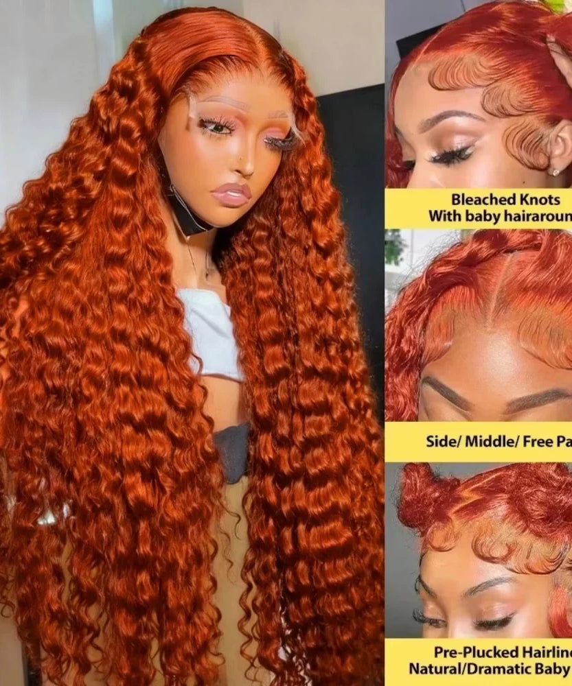 Deep Wave Ginger Orange Lace Front Wig Human Hair 13x6 HD Lace Front with Baby Hair 250% Density Long Curly Wig for Black Women