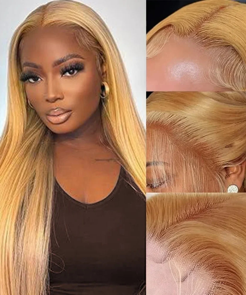 36 Inch Honey Blonde Human Hair Wig Straight 13x6 HD Lace Front Wig 180% Density 13x4 Lace Wigs Brazilian Human Hair 27# Color