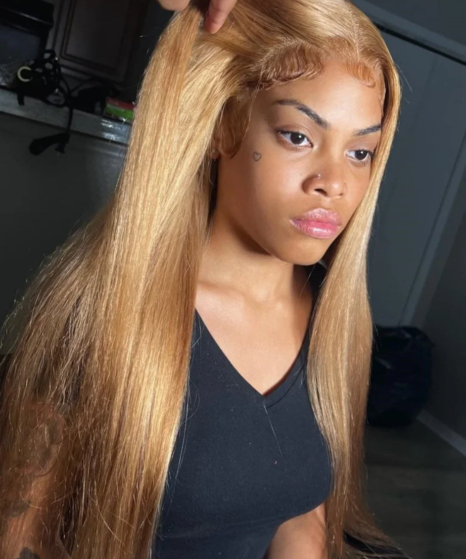 36 Inch Honey Blonde Human Hair Wig Straight 13x6 HD Lace Front Wig 180% Density 13x4 Lace Wigs Brazilian Human Hair 27# Color