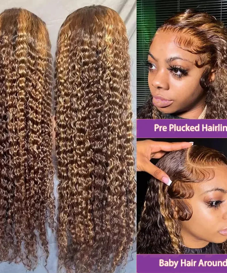 4/ 27 Highlight Honey Brown Curly Transparent HD 13x4 Lace Frontal Real Human Hair Wigs Ombre Color Deep Water Wave Full Wigs