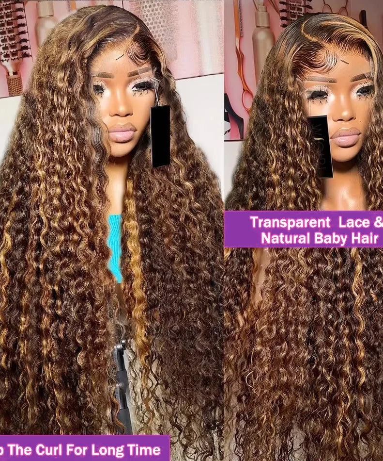4/ 27 Highlight Honey Brown Curly Transparent HD 13x4 Lace Frontal Real Human Hair Wigs Ombre Color Deep Water Wave Full Wigs