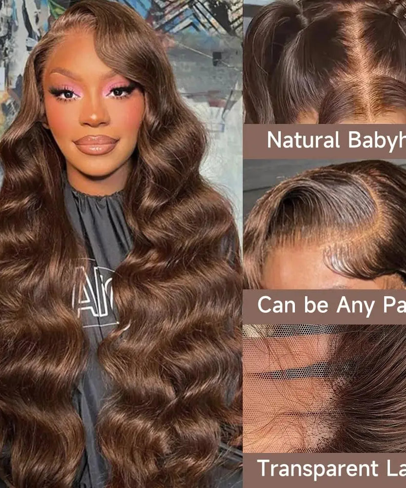 26 Inch Chocolate Brown Lace Front Wig Human Hair 200% Body Wave Human Hair Wigs Pre Plucked 13x4 HD Lace Frontal Wig Brown Wig