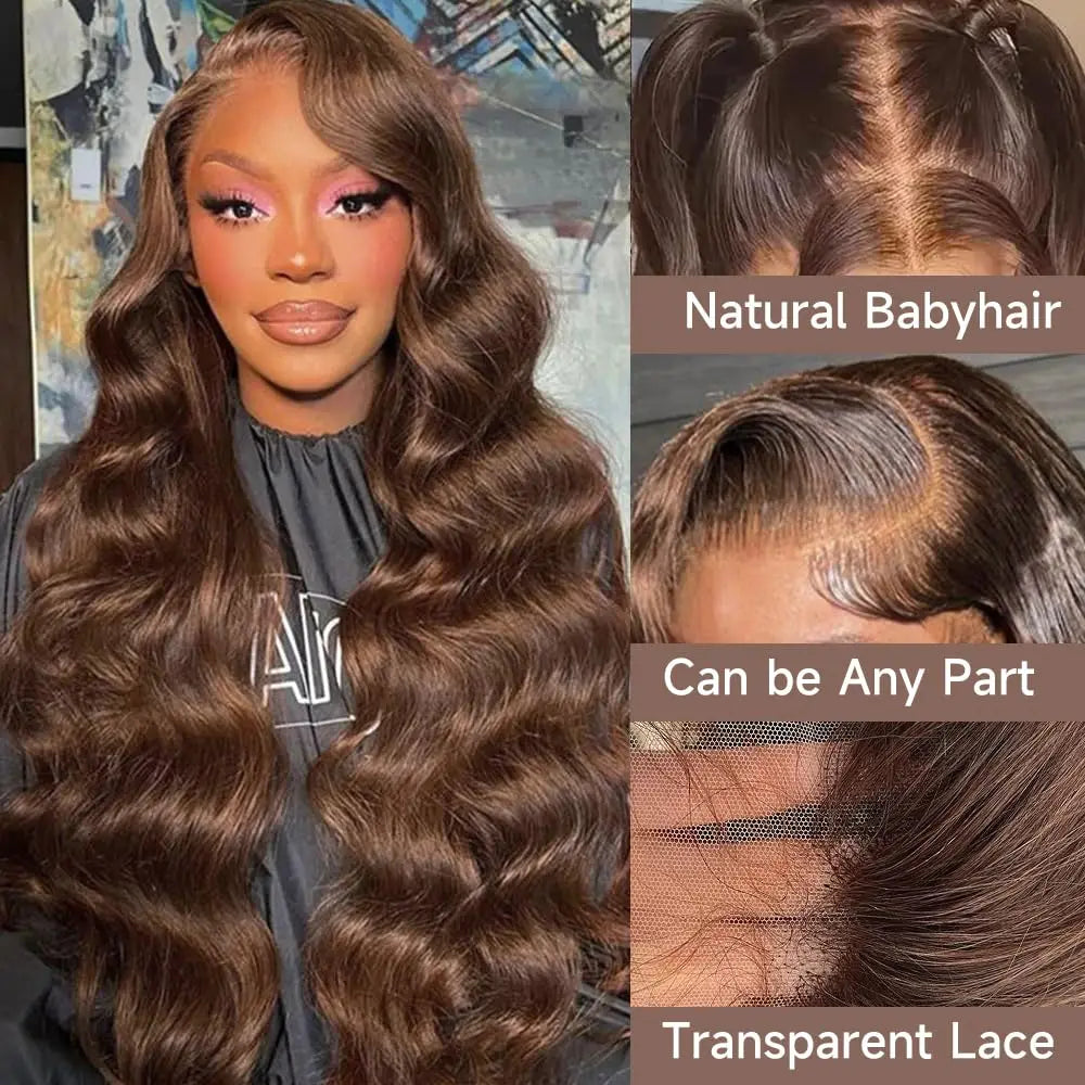 26 Inch Chocolate Brown Lace Front Wig Human Hair 200% Body Wave Human Hair Wigs Pre Plucked 13x4 HD Lace Frontal Wig Brown Wig