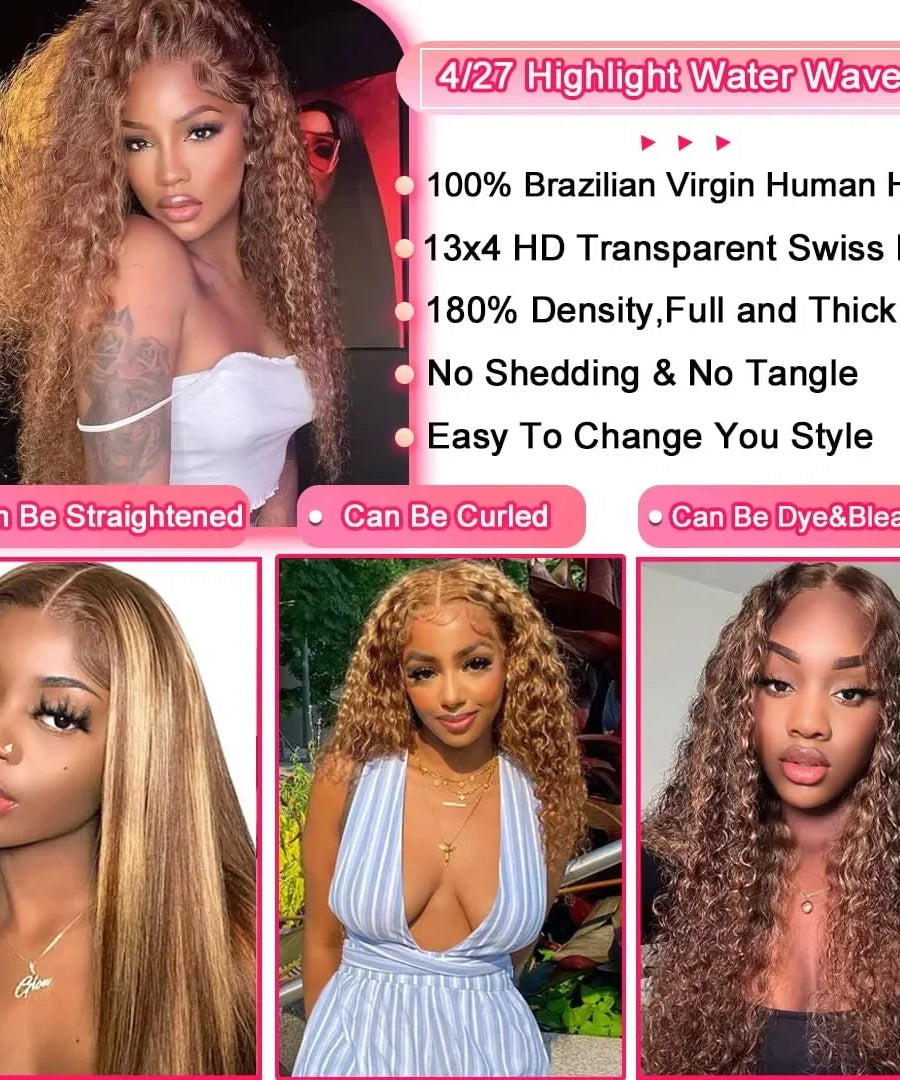 4/ 27 Highlight Honey Brown Curly Transparent HD 13x4 Lace Frontal Real Human Hair Wigs Ombre Color Deep Water Wave Full Wigs