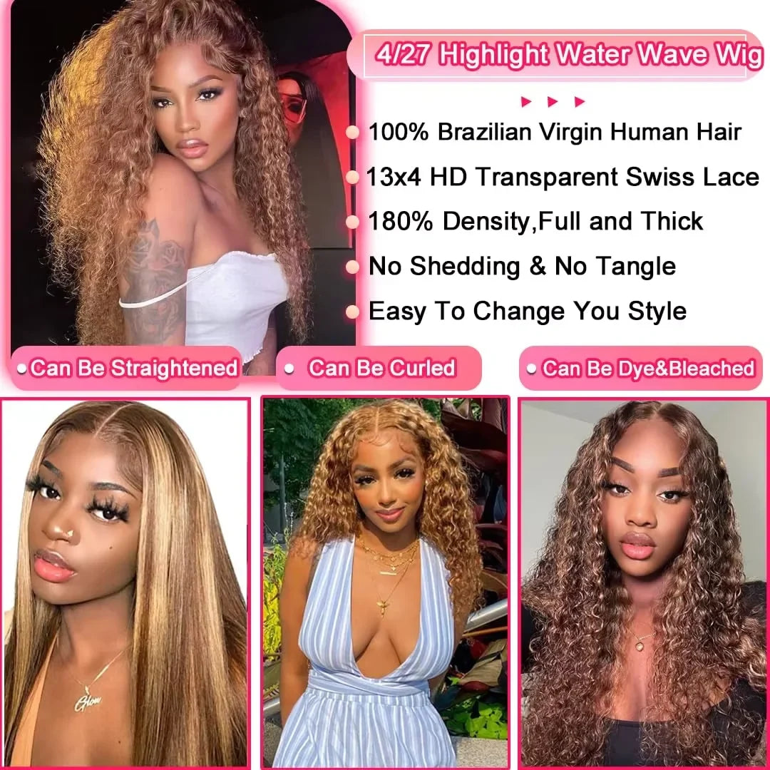 4/ 27 Highlight Honey Brown Curly Transparent HD 13x4 Lace Frontal Real Human Hair Wigs Ombre Color Deep Water Wave Full Wigs