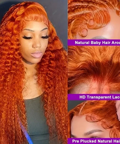 Deep Wave Ginger Orange Lace Front Wig Human Hair 13x6 HD Lace Front with Baby Hair 250% Density Long Curly Wig for Black Women