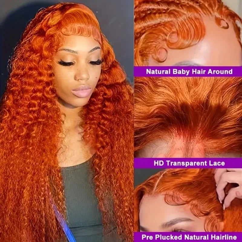 Deep Wave Ginger Orange Lace Front Wig Human Hair 13x6 HD Lace Front with Baby Hair 250% Density Long Curly Wig for Black Women