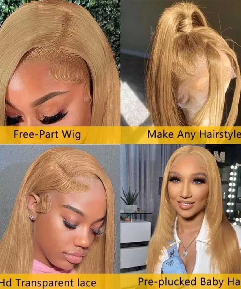 36 Inch Honey Blonde Human Hair Wig Straight 13x6 HD Lace Front Wig 180% Density 13x4 Lace Wigs Brazilian Human Hair 27# Color