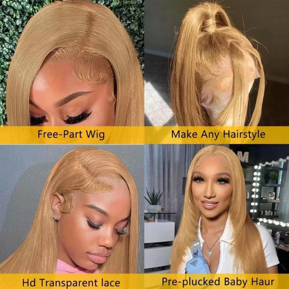 36 Inch Honey Blonde Human Hair Wig Straight 13x6 HD Lace Front Wig 180% Density 13x4 Lace Wigs Brazilian Human Hair 27# Color