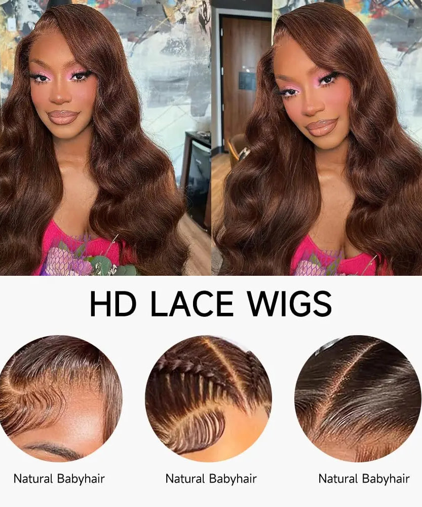 26 Inch Chocolate Brown Lace Front Wig Human Hair 200% Body Wave Human Hair Wigs Pre Plucked 13x4 HD Lace Frontal Wig Brown Wig