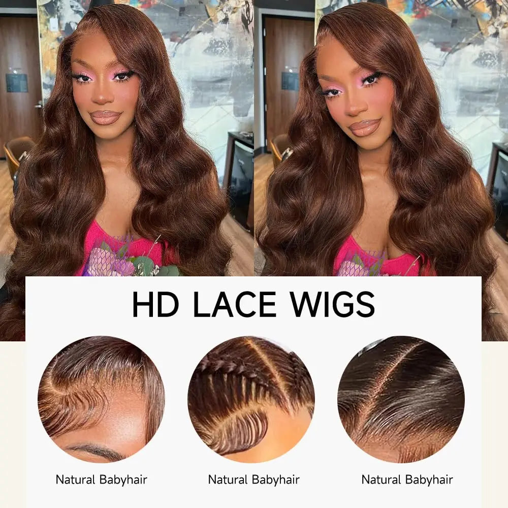 26 Inch Chocolate Brown Lace Front Wig Human Hair 200% Body Wave Human Hair Wigs Pre Plucked 13x4 HD Lace Frontal Wig Brown Wig