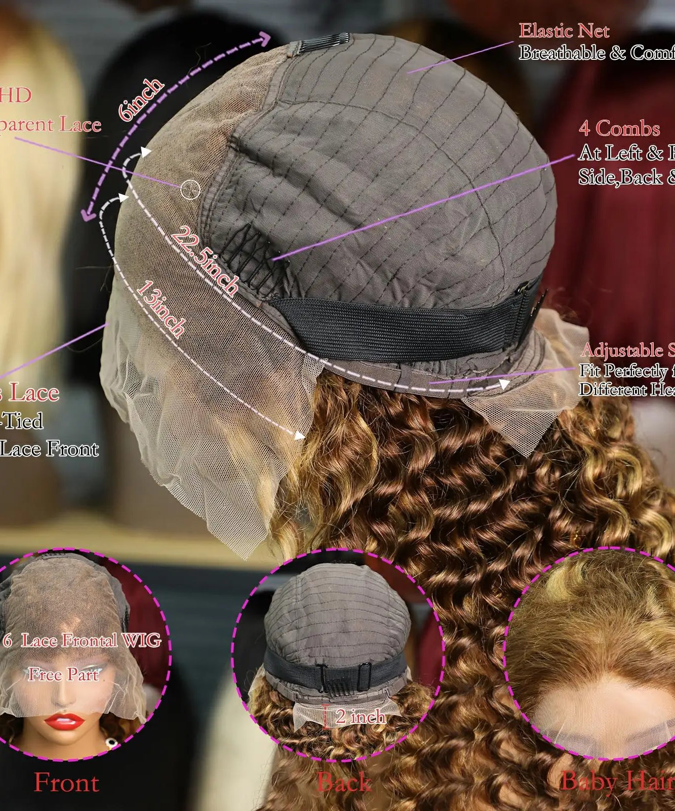 4/ 27 Highlight Honey Brown Curly Transparent HD 13x4 Lace Frontal Real Human Hair Wigs Ombre Color Deep Water Wave Full Wigs