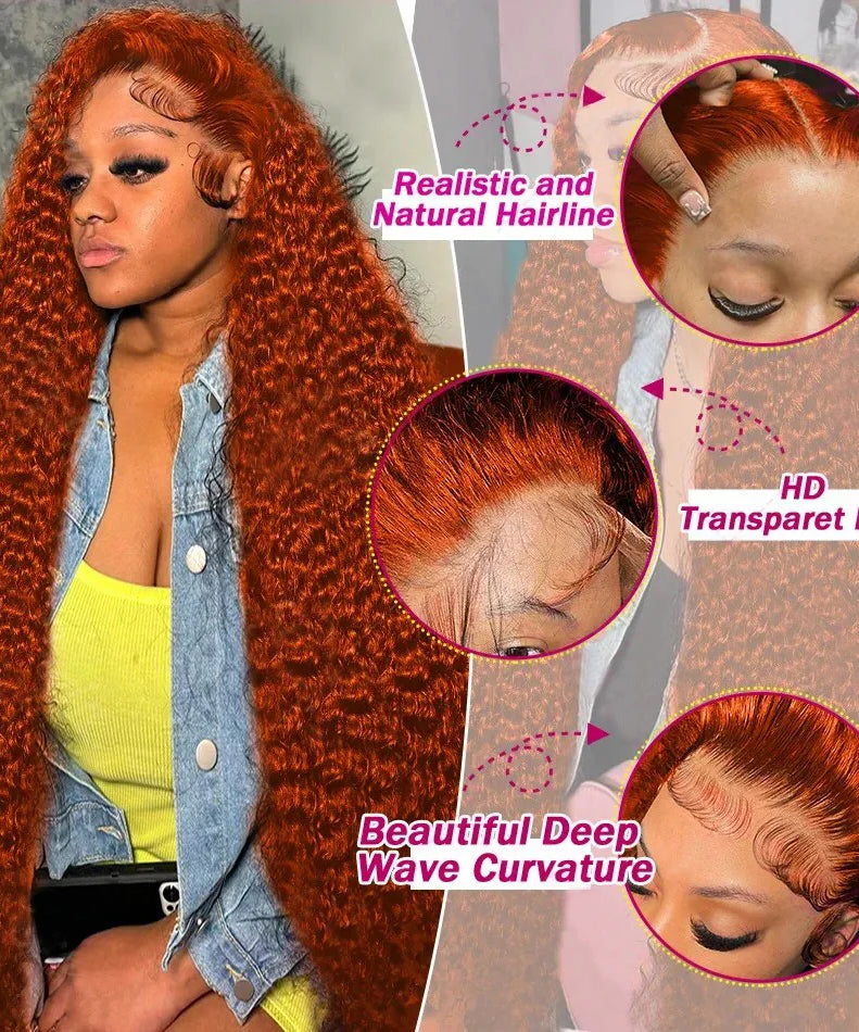 Deep Wave Ginger Orange Lace Front Wig Human Hair 13x6 HD Lace Front with Baby Hair 250% Density Long Curly Wig for Black Women