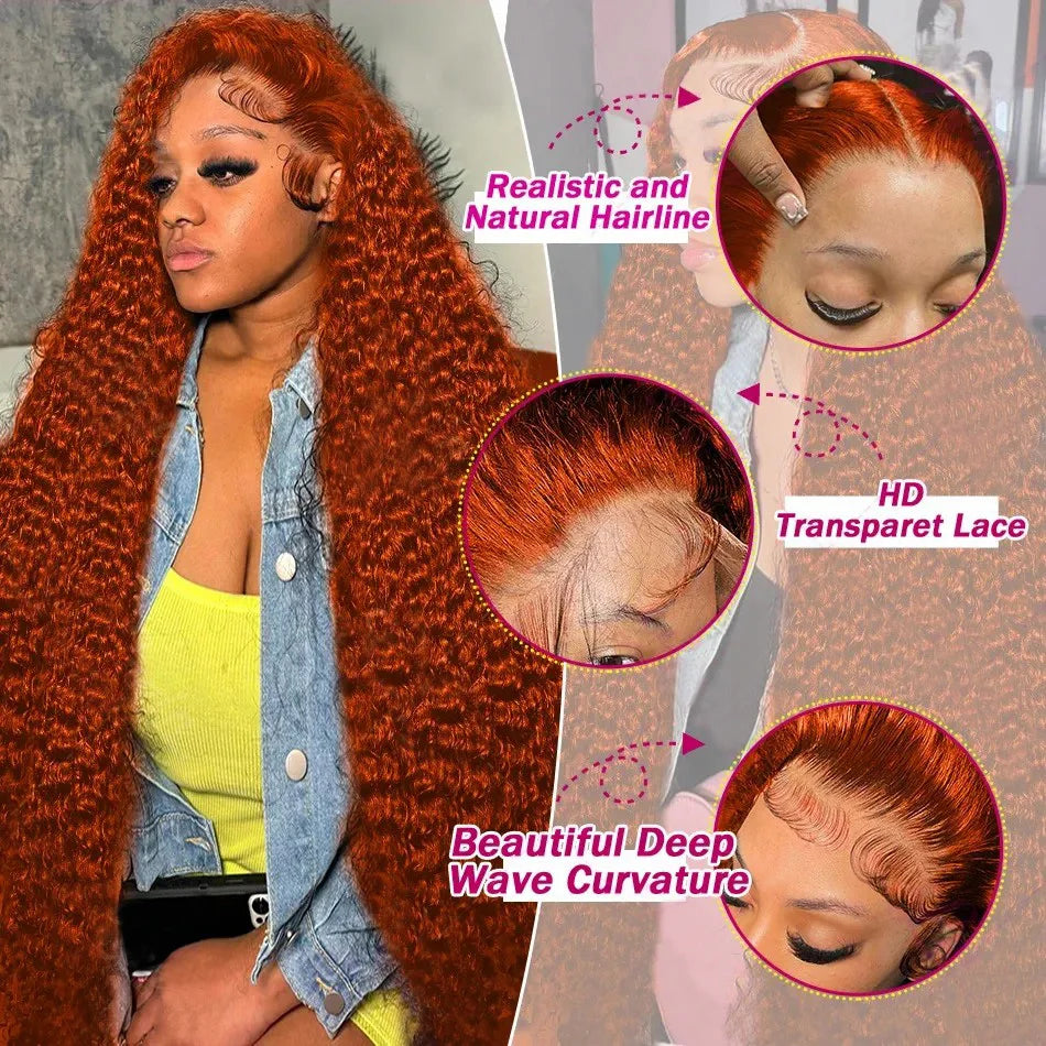 Deep Wave Ginger Orange Lace Front Wig Human Hair 13x6 HD Lace Front with Baby Hair 250% Density Long Curly Wig for Black Women