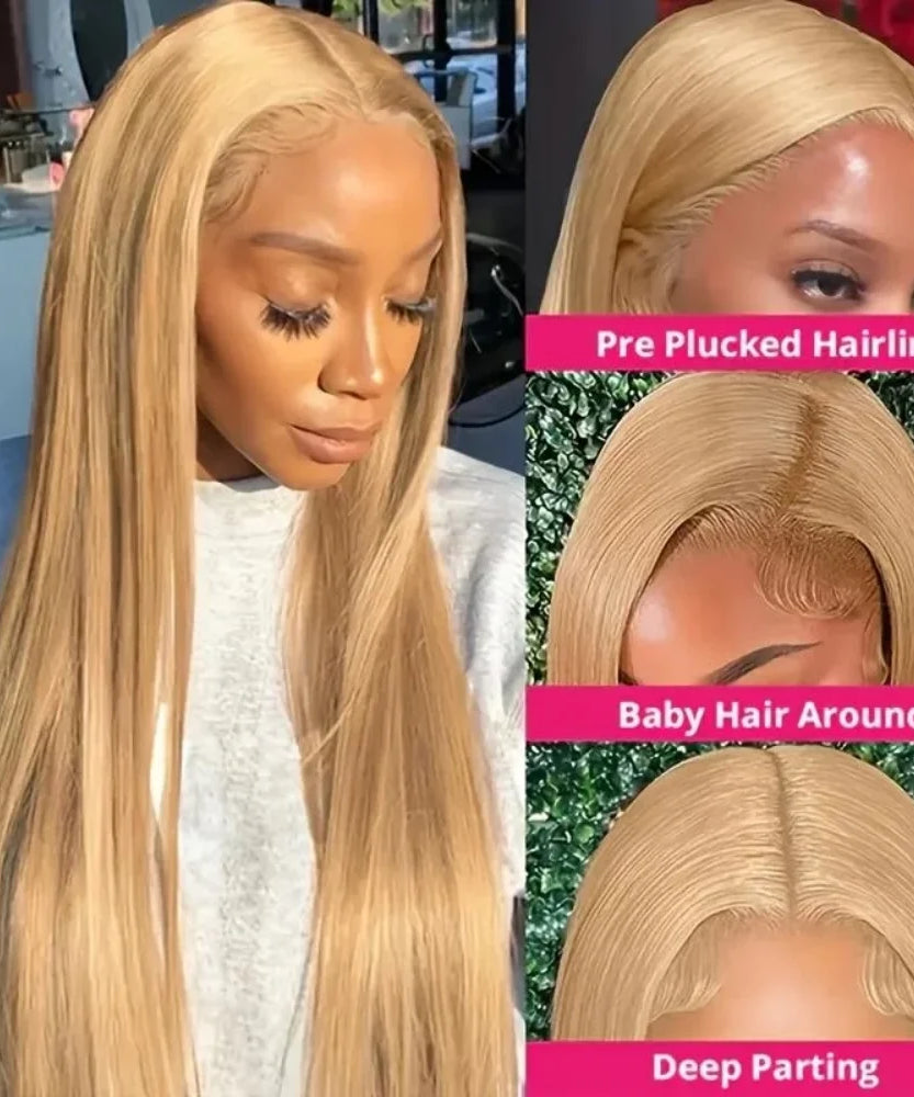 36 Inch Honey Blonde Human Hair Wig Straight 13x6 HD Lace Front Wig 180% Density 13x4 Lace Wigs Brazilian Human Hair 27# Color