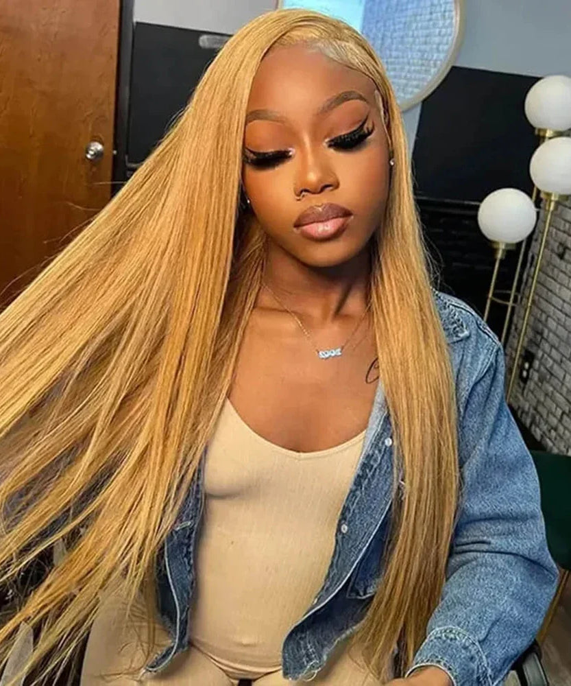 36 Inch Honey Blonde Human Hair Wig Straight 13x6 HD Lace Front Wig 180% Density 13x4 Lace Wigs Brazilian Human Hair 27# Color