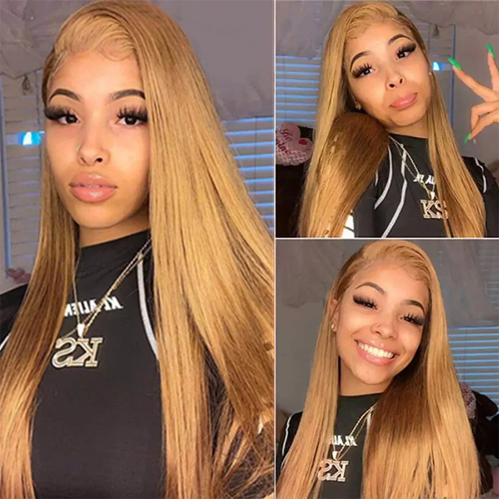 36 Inch Honey Blonde Human Hair Wig Straight 13x6 HD Lace Front Wig 180% Density 13x4 Lace Wigs Brazilian Human Hair 27# Color
