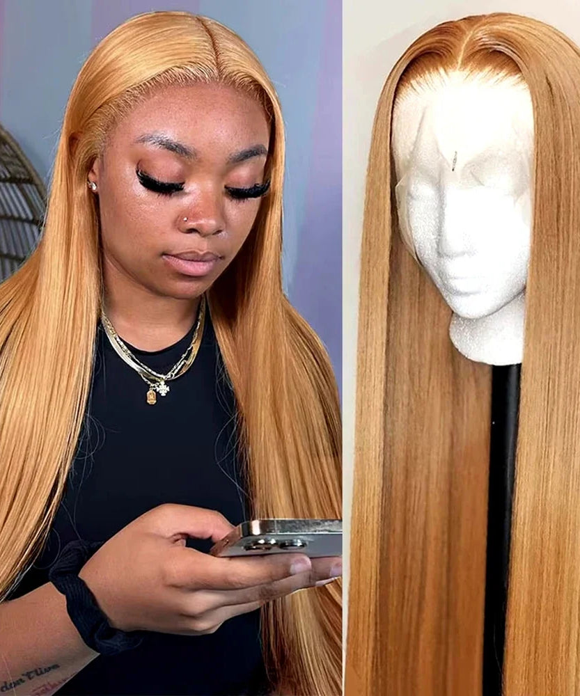 36 Inch Honey Blonde Human Hair Wig Straight 13x6 HD Lace Front Wig 180% Density 13x4 Lace Wigs Brazilian Human Hair 27# Color