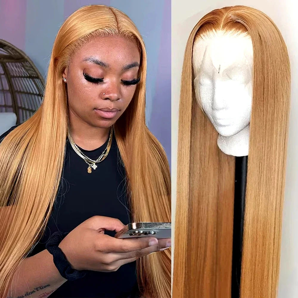 36 Inch Honey Blonde Human Hair Wig Straight 13x6 HD Lace Front Wig 180% Density 13x4 Lace Wigs Brazilian Human Hair 27# Color