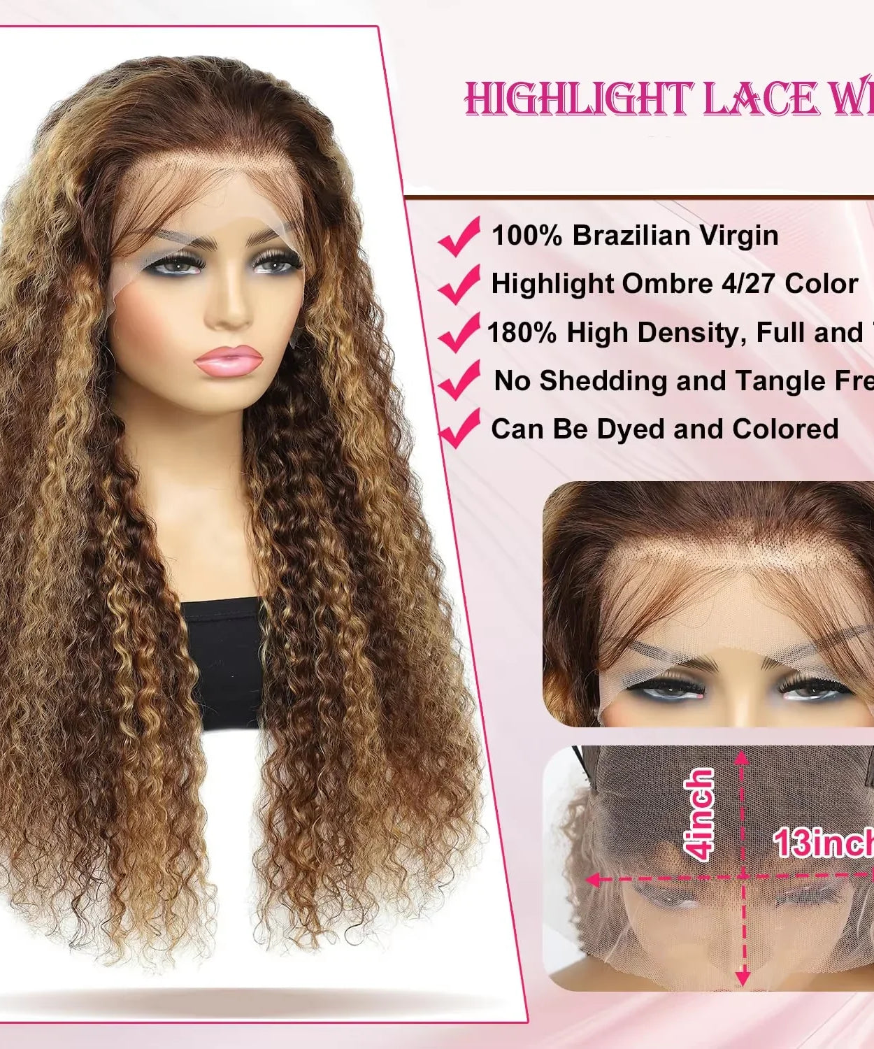 4/ 27 Highlight Honey Brown Curly Transparent HD 13x4 Lace Frontal Real Human Hair Wigs Ombre Color Deep Water Wave Full Wigs