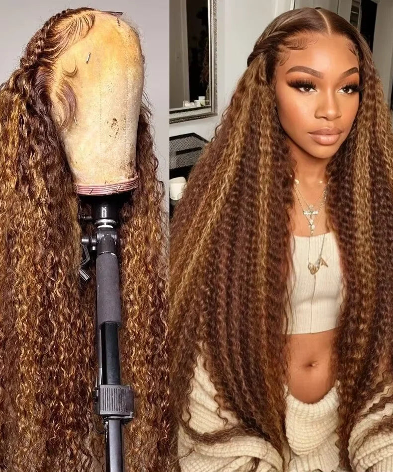 4/ 27 Highlight Honey Brown Curly Transparent HD 13x4 Lace Frontal Real Human Hair Wigs Ombre Color Deep Water Wave Full Wigs