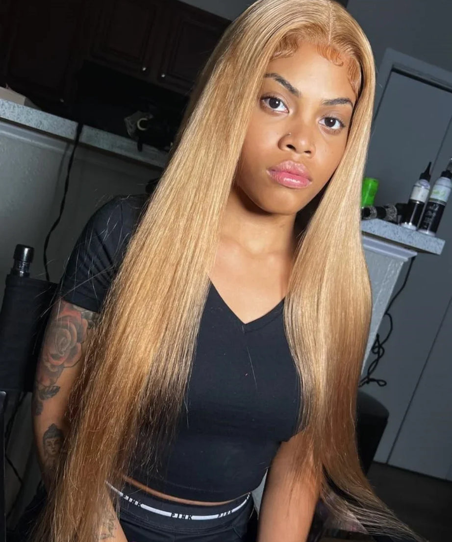 36 Inch Honey Blonde Human Hair Wig Straight 13x6 HD Lace Front Wig 180% Density 13x4 Lace Wigs Brazilian Human Hair 27# Color