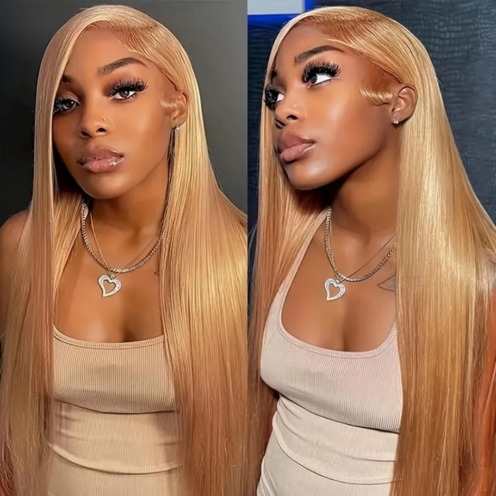 36 Inch Honey Blonde Human Hair Wig Straight 13x6 HD Lace Front Wig 180% Density 13x4 Lace Wigs Brazilian Human Hair 27# Color